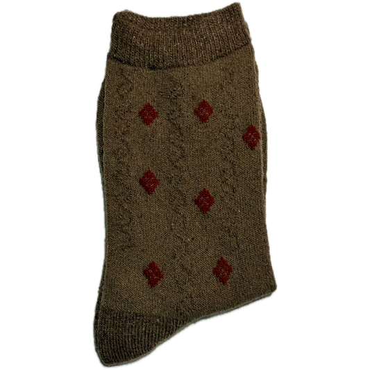 Brown Wool & Angora women’s socks with red diamond design, warm, cozy, and stylish for winter.