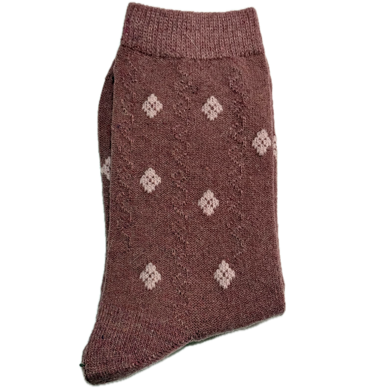 Beige Wool & Angora women’s socks with diamond design on pink background, warm, cozy, and stylish for winter.