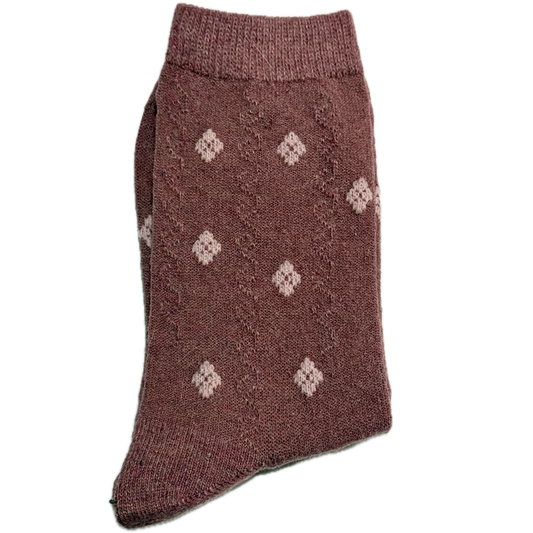 Beige Wool & Angora women’s socks with diamond design on pink background, warm, cozy, and stylish for winter.