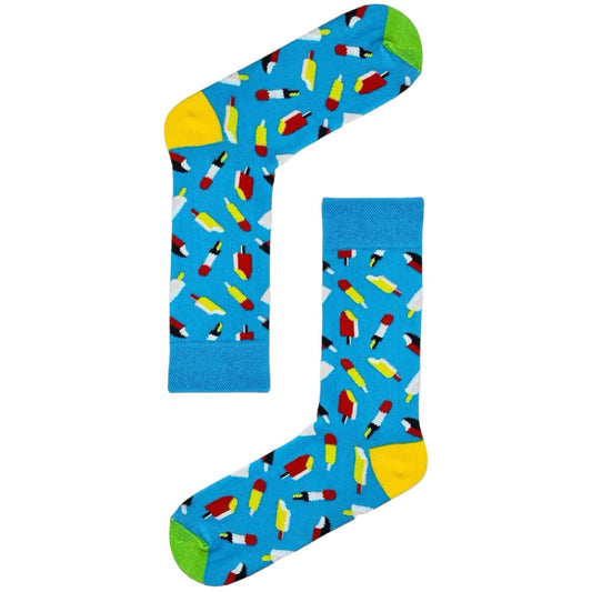 Unisex blue socks with colorful ice cream cone pattern, fun and playful design.