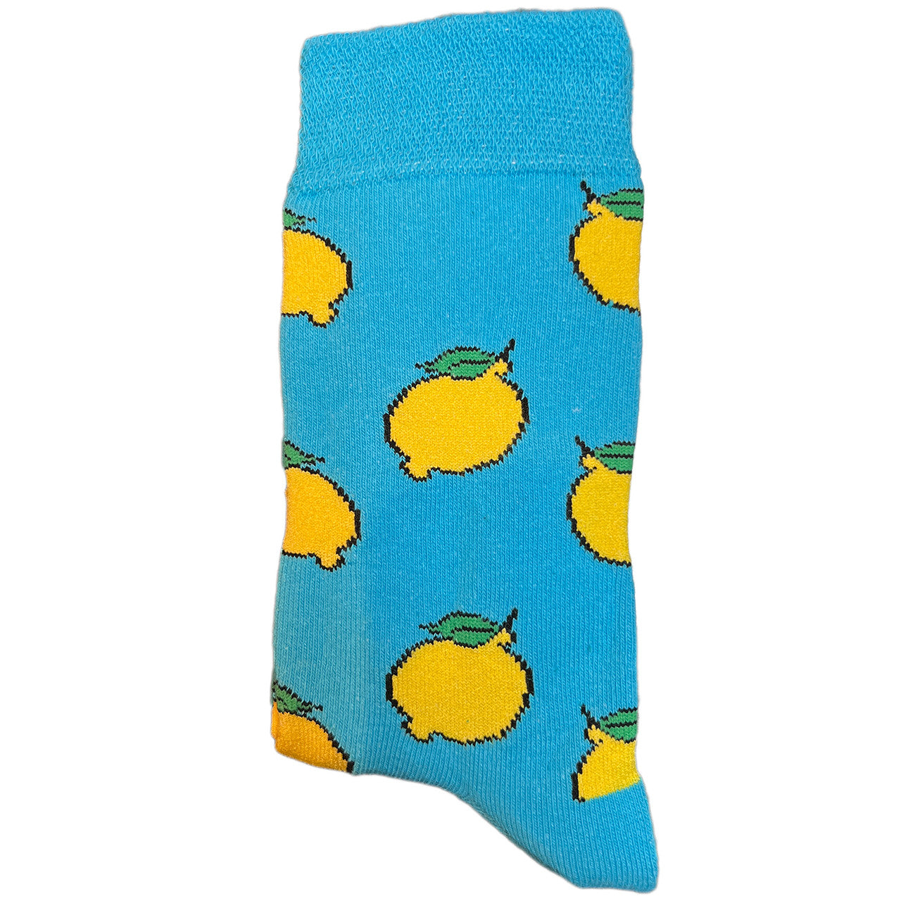 Bluish green socks with bright yellow lemons, fun and fresh fruit-themed design.