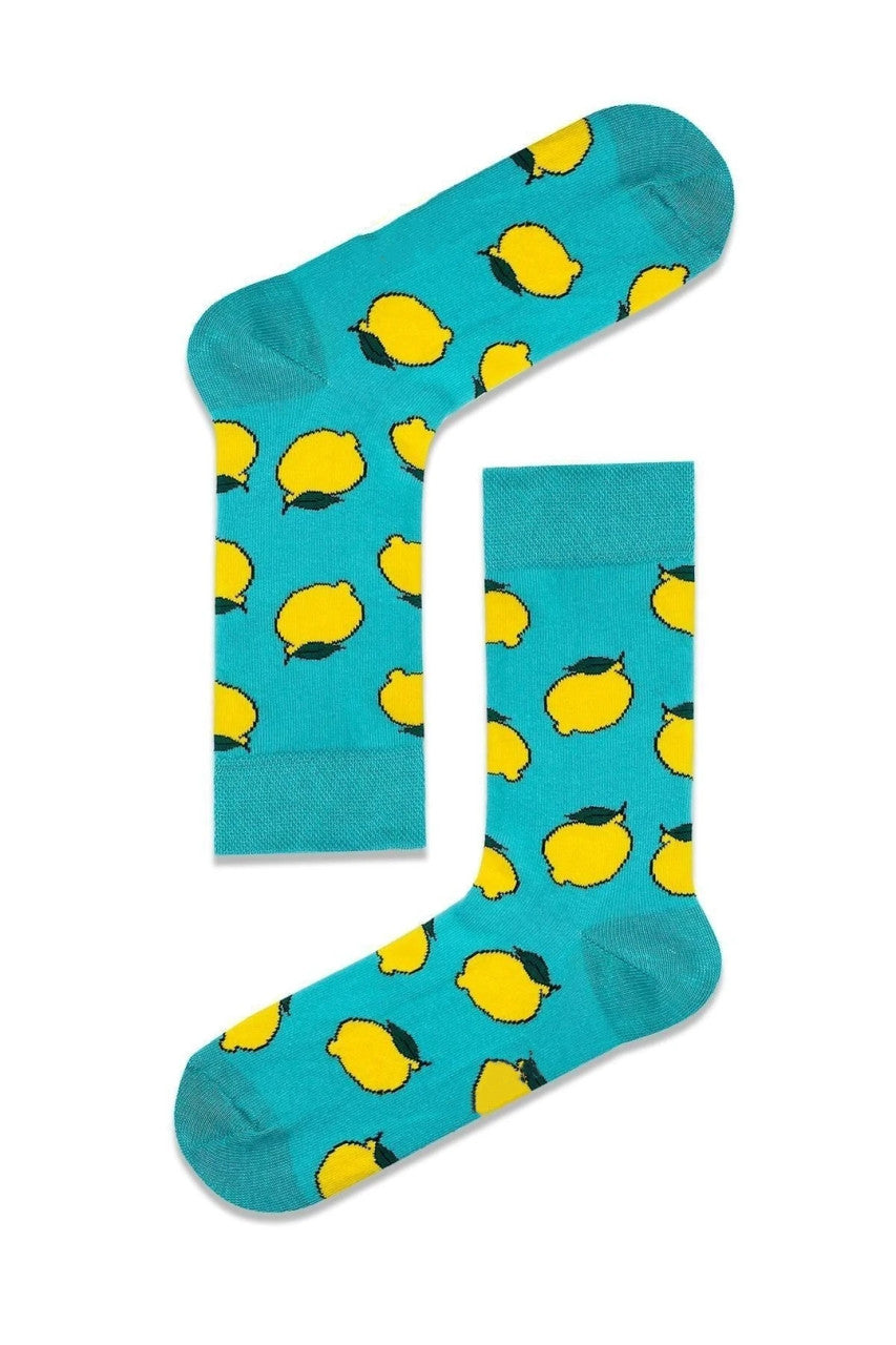 Bluish green socks with bright yellow lemons, fun and fresh fruit-themed design.