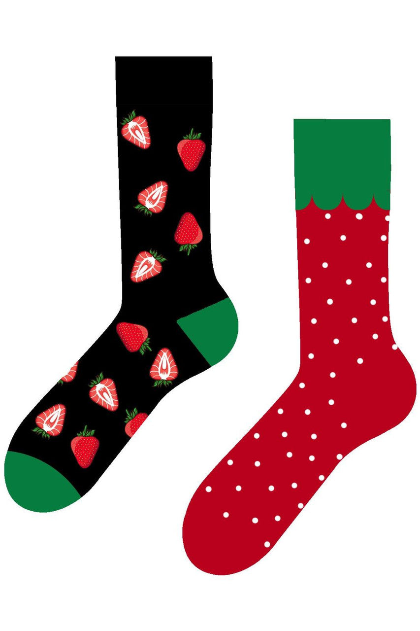 Mismatched socks with strawberry designs, fun and playful fruit-themed socks.