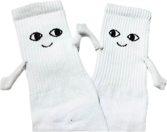 White socks with a Magnetic Hand in Hand design, symbolizing love and connection.