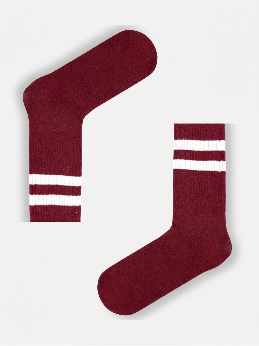 Classic Athletic Burgundy Sports Socks with White Stripes (Unisex)