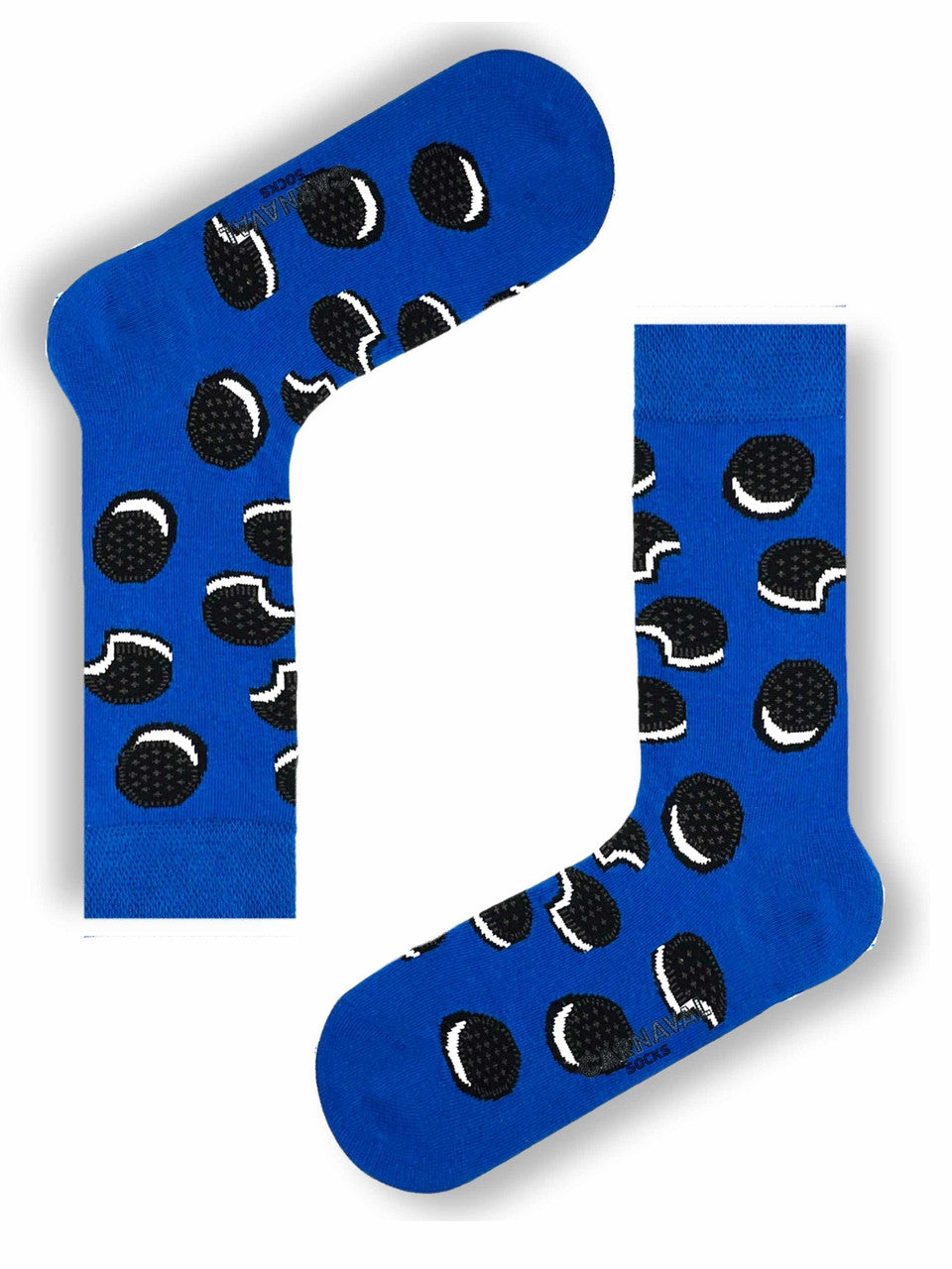 Blue socks with Oreo cookies, fun and snack-themed design for cookie lovers.
