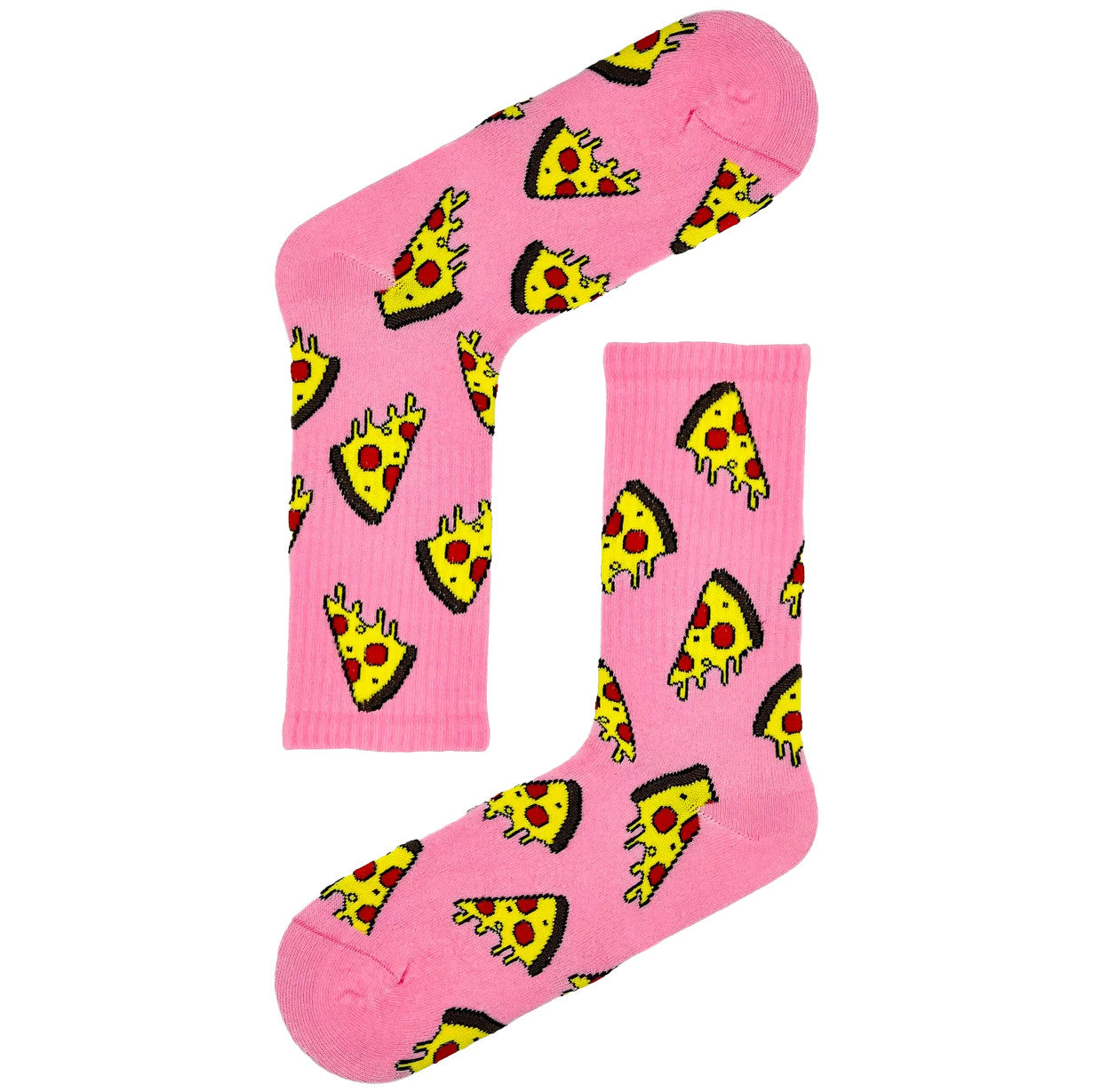 Pink socks with pizza print, fun and quirky food-themed socks.