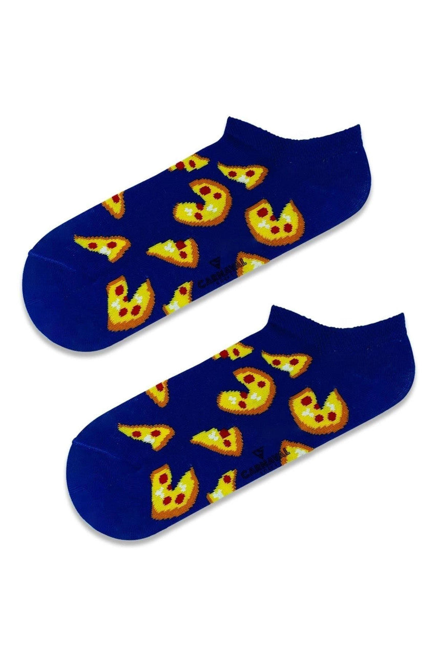 Blue ankle socks with pizza print, fun and quirky food-themed short socks.