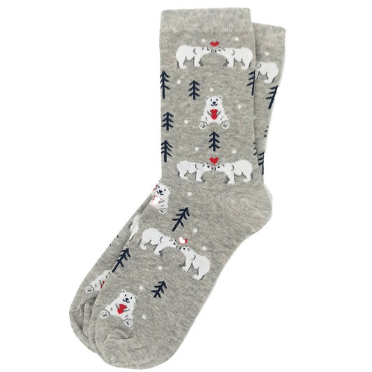 Grey socks featuring polar bears and hearts in a cute and cozy design.