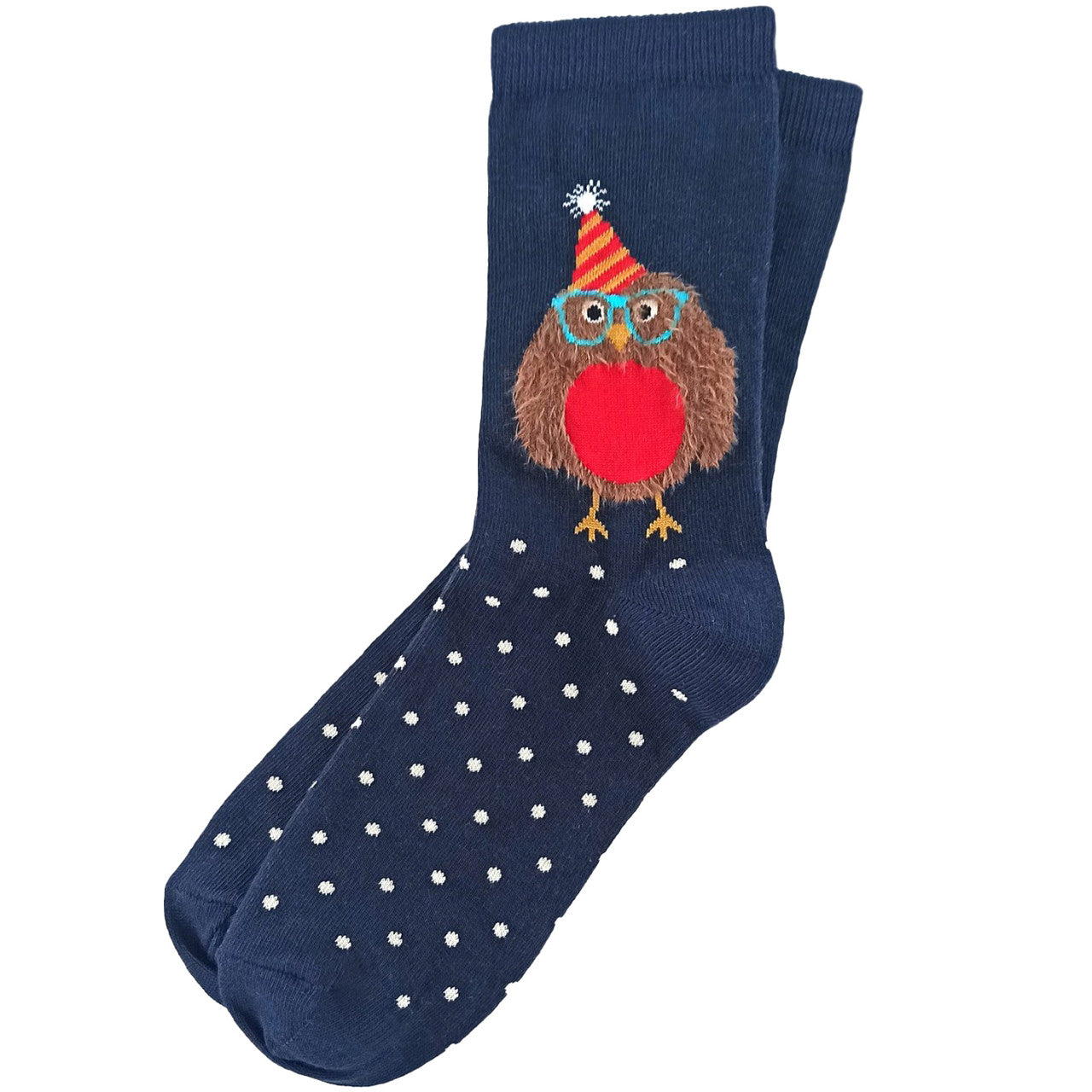 Navy socks with a fuzzy owl wearing glasses and a Christmas hat in a festive holiday design.