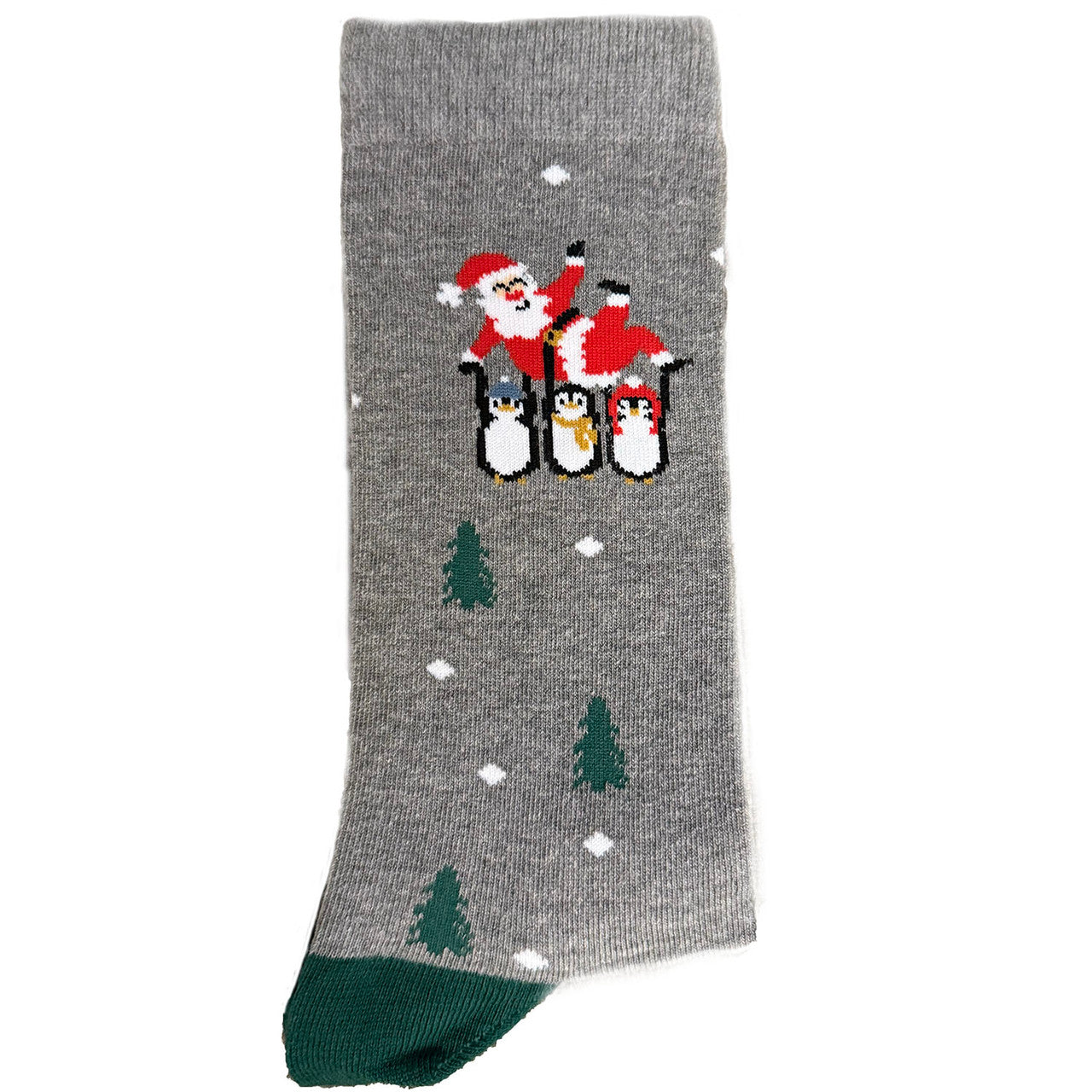 Men’s socks featuring penguins carrying Santa in a festive holiday-themed design