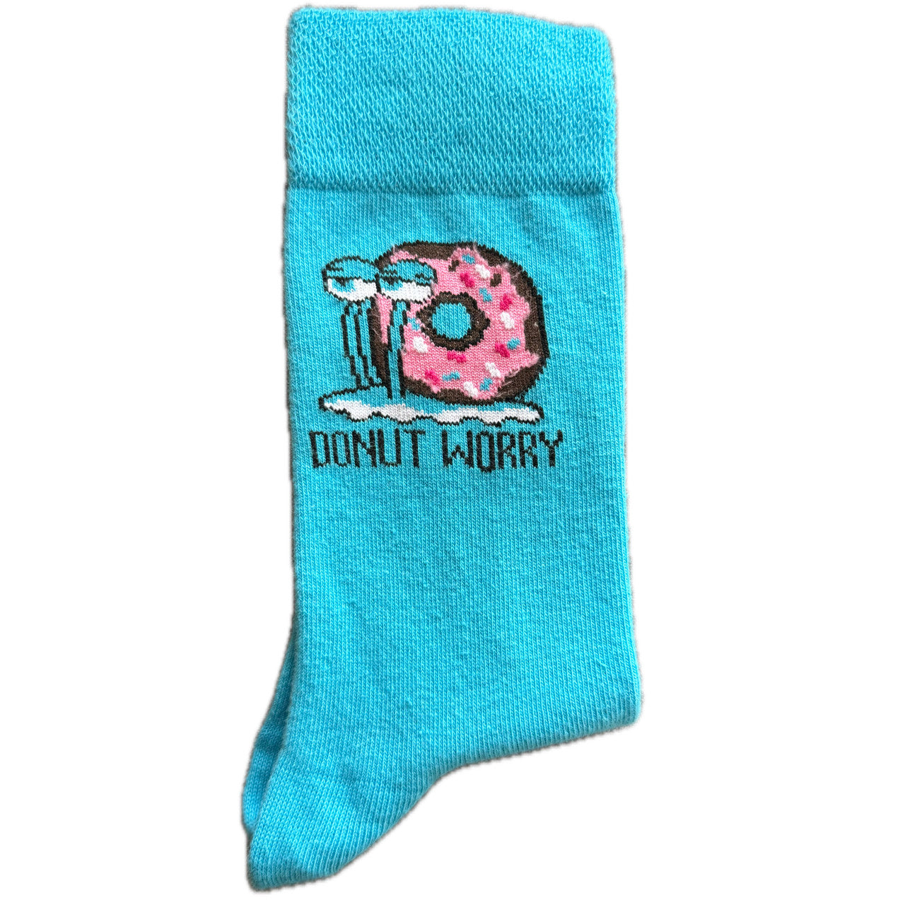 Socks featuring a snail with a donut shell and “Donut Worry” caption, fun and quirky design.