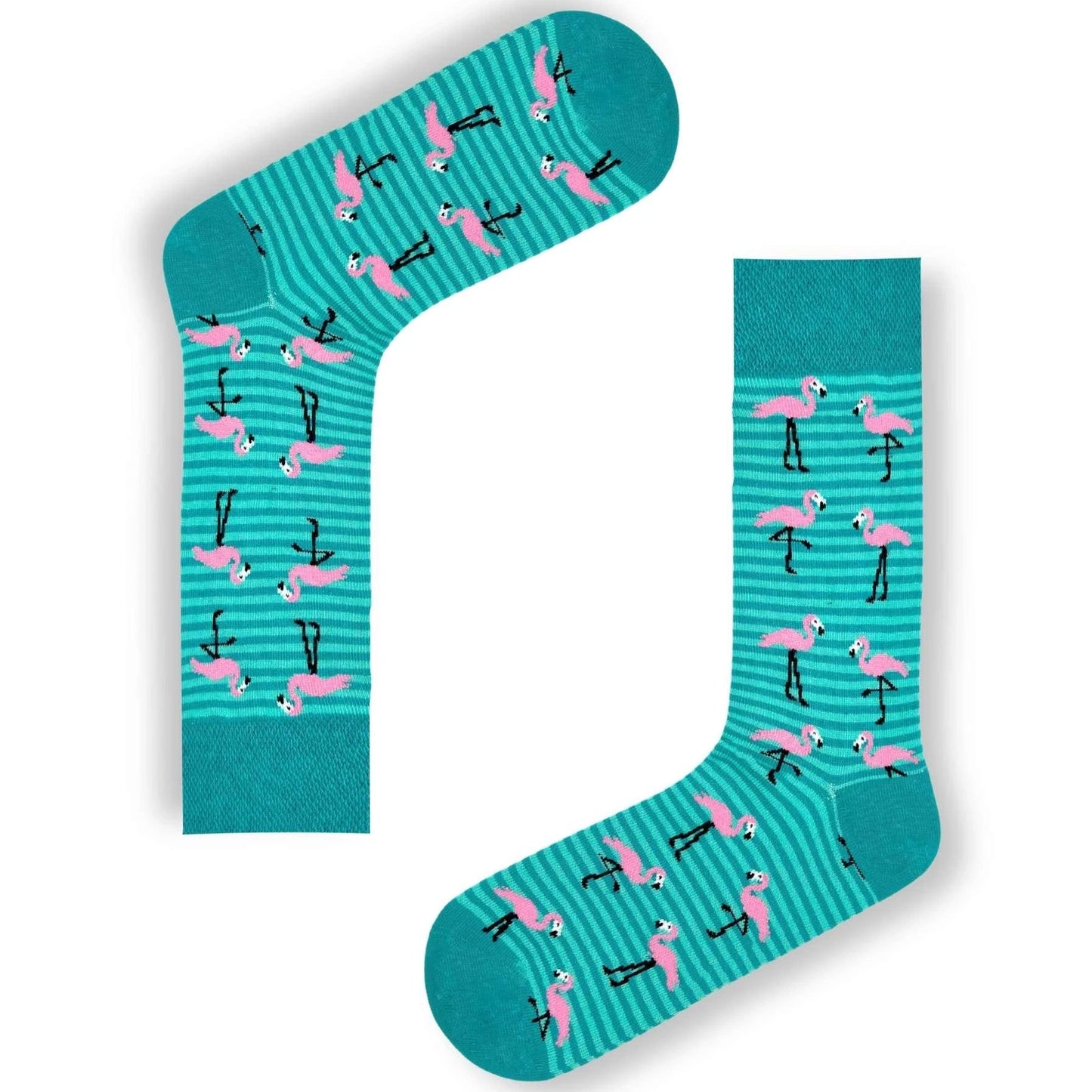 Striped Flamingo Socks & on Green Background (Unisex)