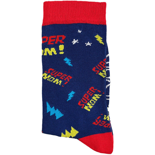 Super Mom socks featuring a fun and empowering design, perfect for moms.