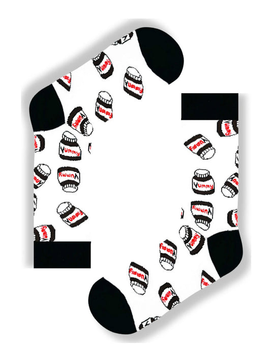 White socks with Nutella jar print, fun food-themed socks for chocolate lovers.