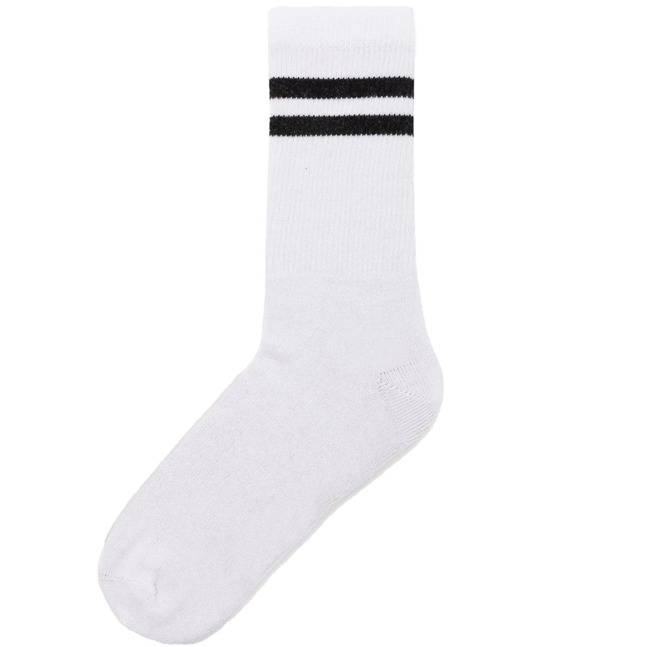 White retro sports socks with two black stripes, classic athletic style.