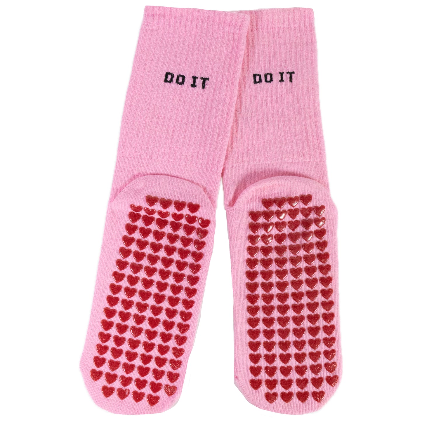 Anti-Slip Pilates & Yoga Crew Socks with Red Heart Silicone Grip – Pink (Unisex)