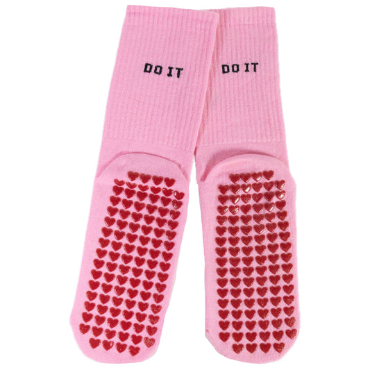Anti-Slip Pilates & Yoga Crew Socks with Red Heart Silicone Grip – Pink (Unisex)
