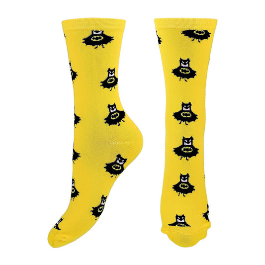 Yellow socks with small black hero emblems, bold and stylish superhero-themed socks.
 batman socks
