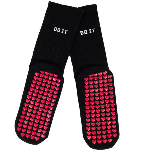 Anti-Slip Pilates & Yoga Crew Socks with Red Heart Silicone Grip – Black (Unisex)