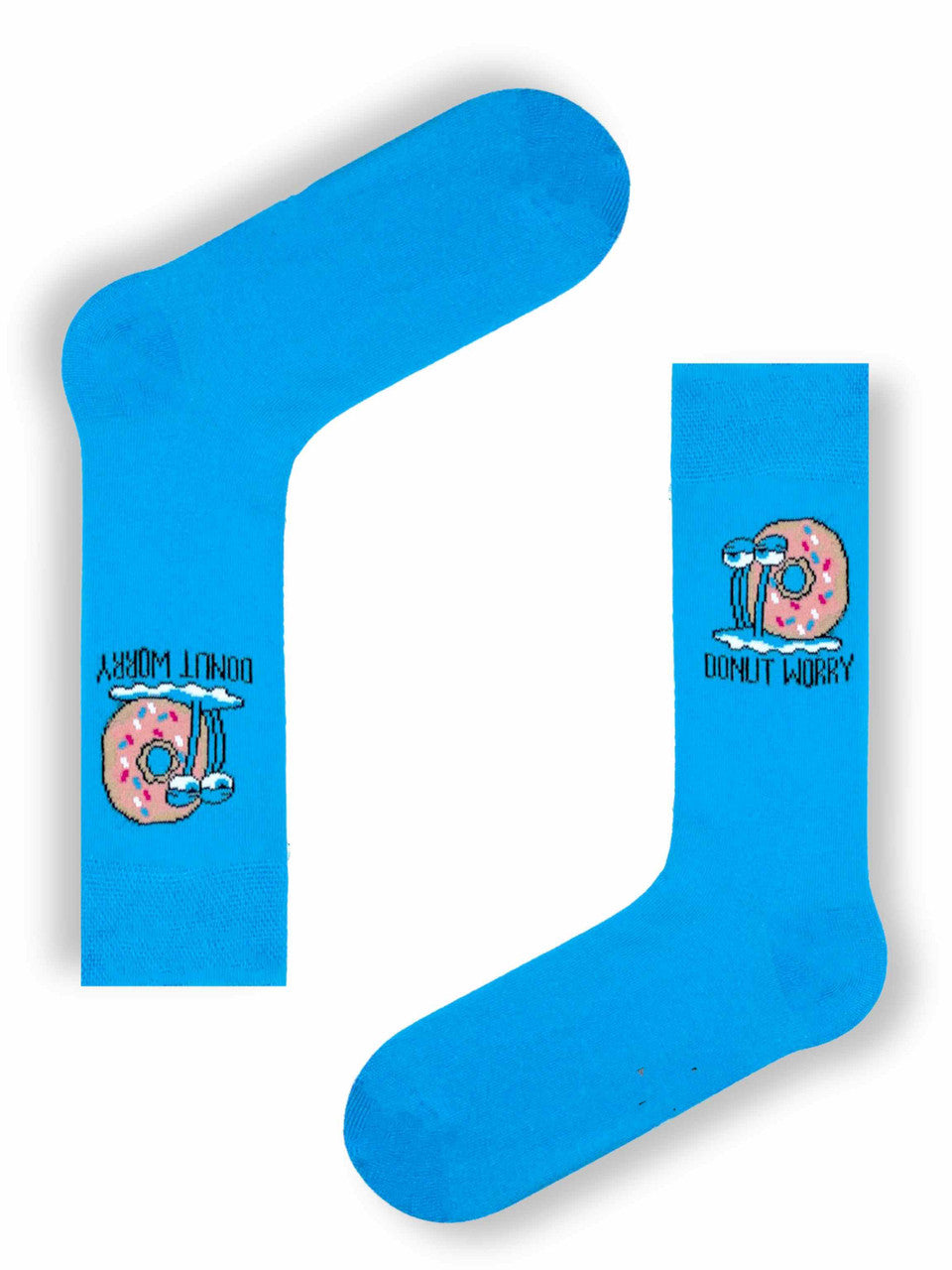 Socks featuring a snail with a donut shell and “Donut Worry” caption, fun and quirky design.