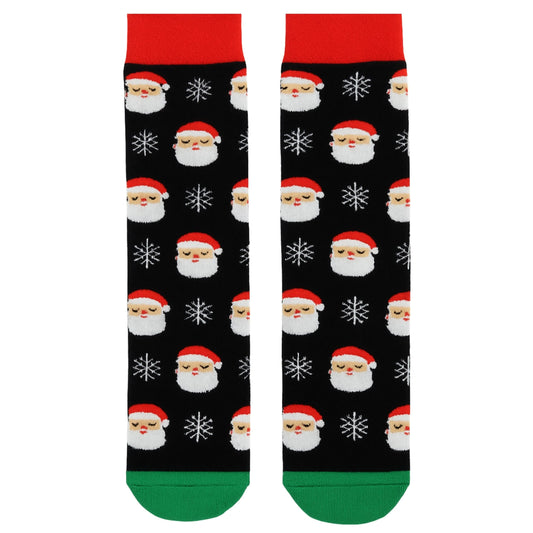 Santa & Snowflake Towel Socks – Thick Winter Crew Socks (Navy with Green Toe & Red Cuff)