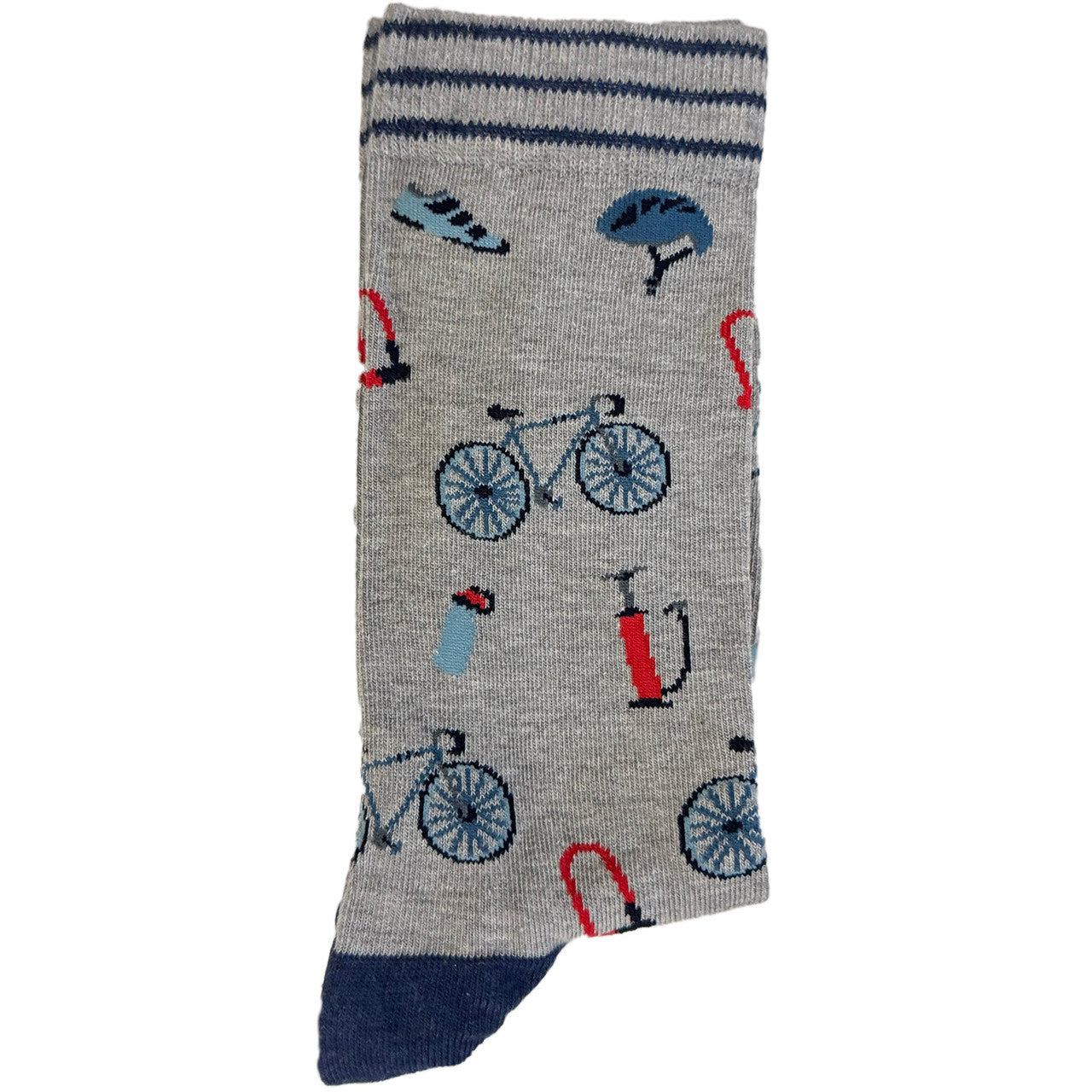Men’s grey socks featuring a bicycle, helmet, wheel pump, water bottle, and cycling shoes in a cycling gear-themed design.