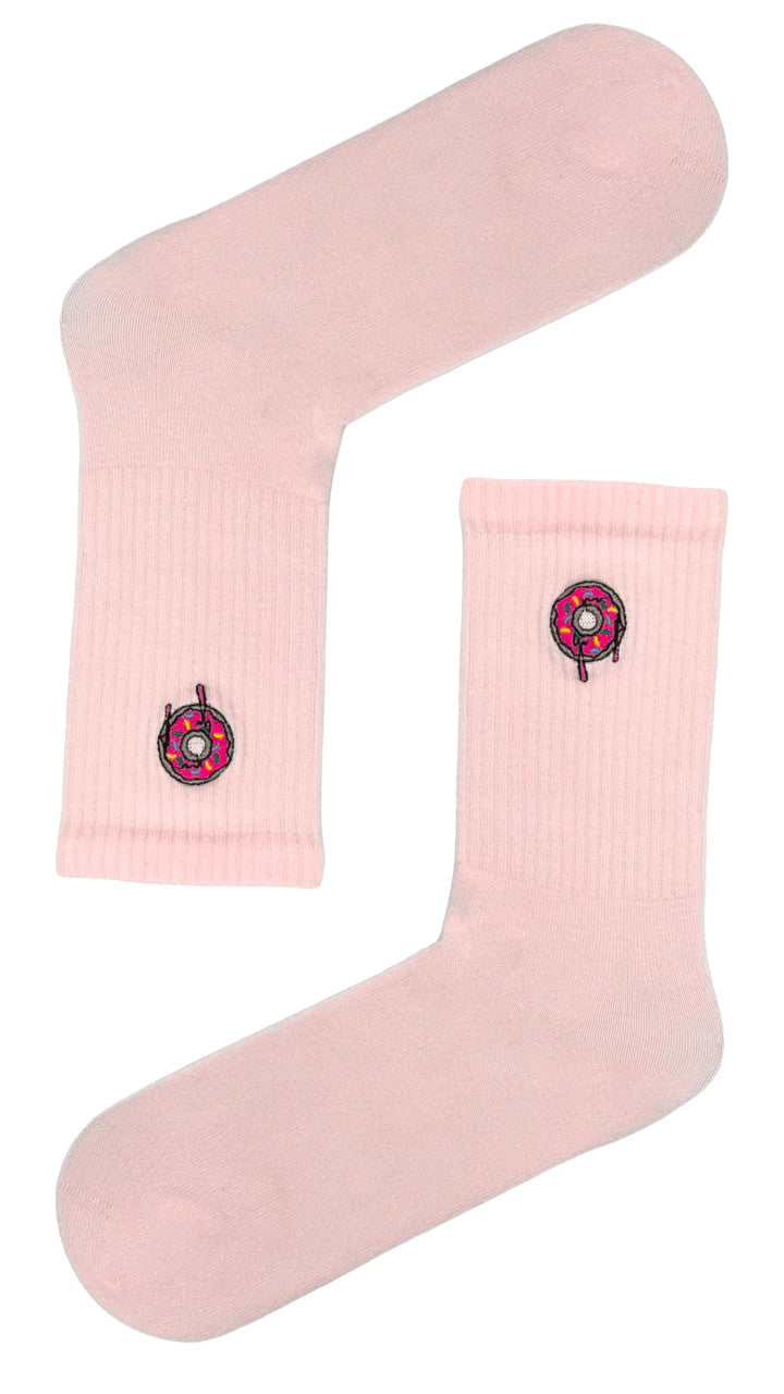 Pink athletic socks with a donut icon, fun and breathable sport socks.