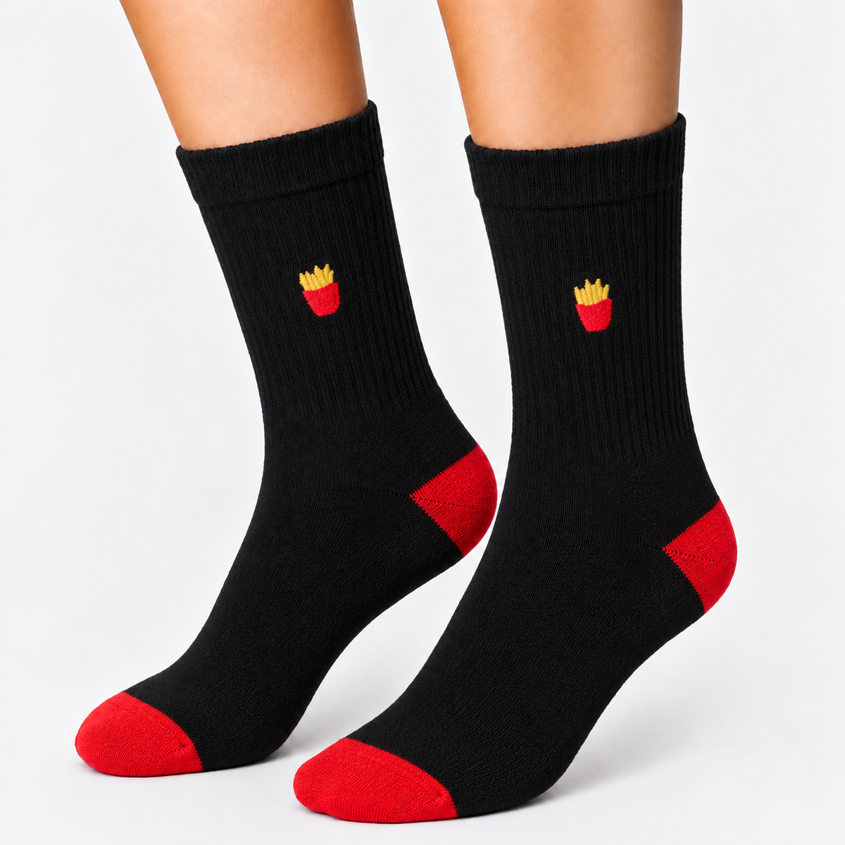 Black crew socks with embroidered fries