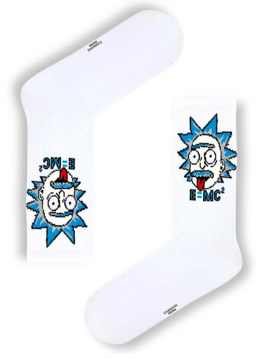 White sports socks featuring Einstein’s face with tongue out, fun and breathable athletic socks.