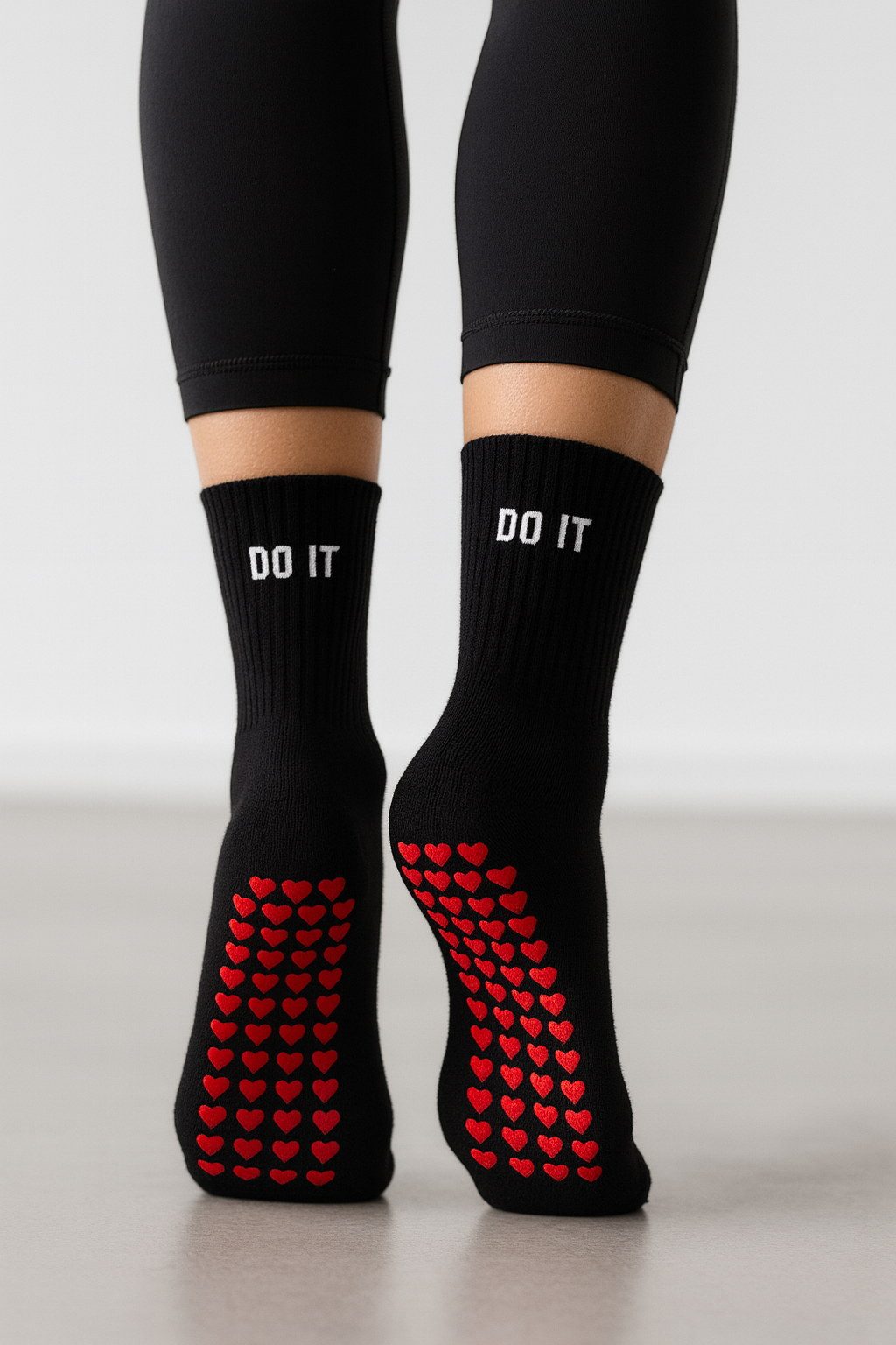 Anti-Slip Pilates & Yoga Crew Socks with Red Heart Silicone Grip – Black (Unisex)