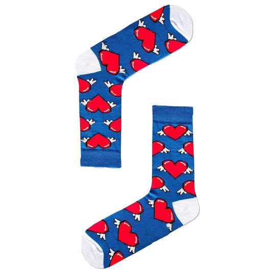 Blue socks with winged hearts, a fun and whimsical design for all occasions.