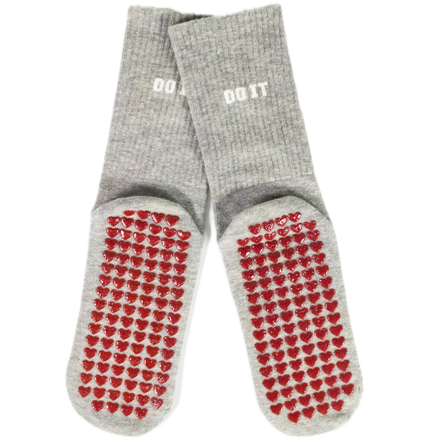 Anti-Slip Pilates & Yoga Crew Socks with Red Heart Silicone Grip – Grey (Unisex)