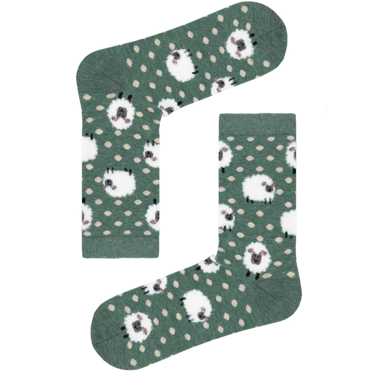 Green socks featuring cute sheep and white dots, soft and stylish.