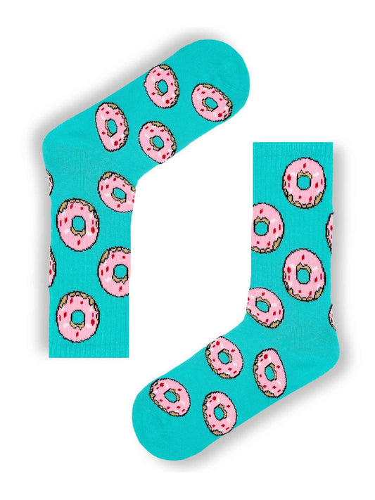 Bluish green socks with pink glazed donuts and sprinkles, fun and colorful design.