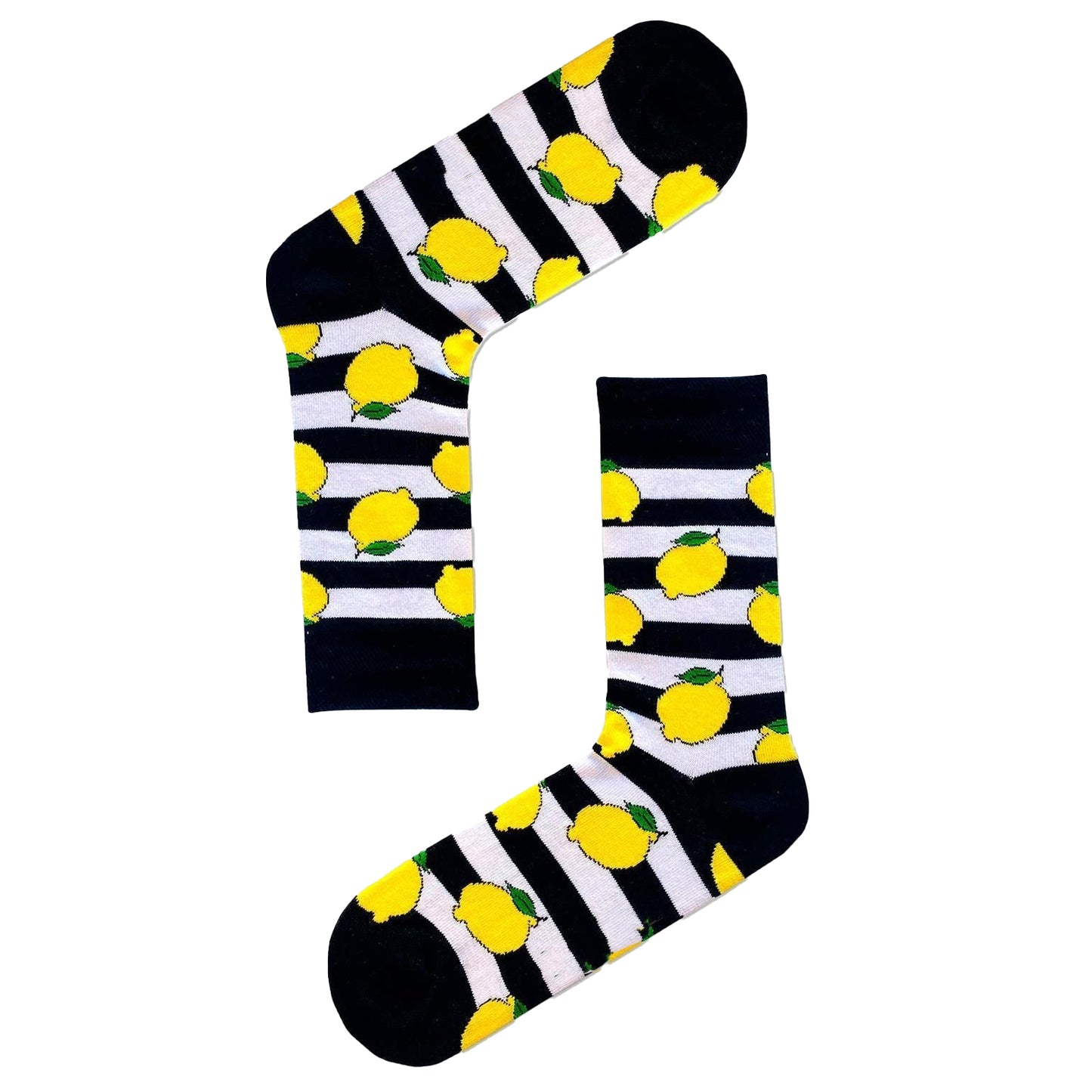 Black & White Striped Lemon Socks – Fun Fruit Crew Socks (Unisex)