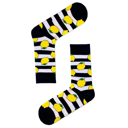 Black & White Striped Lemon Socks – Fun Fruit Crew Socks (Unisex)