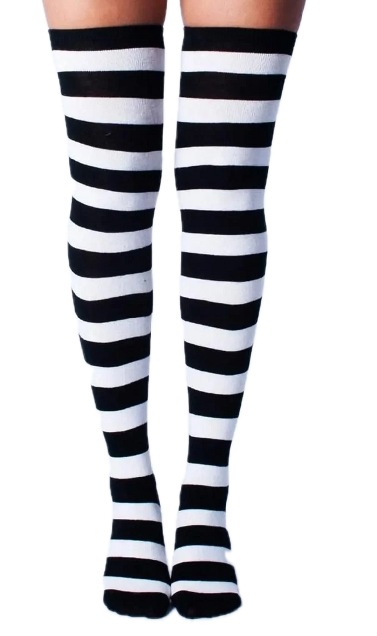 Women’s knee-high socks with black and white stripes, stylish and comfortable.