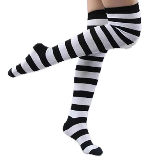 Women’s knee-high socks with black and white stripes, stylish and comfortable.