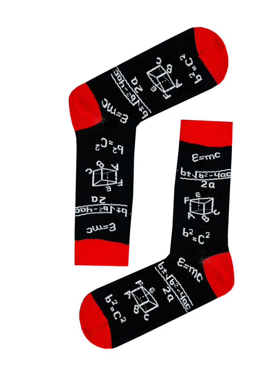 Black socks with white math formulas, resembling a blackboard with chalk equations.