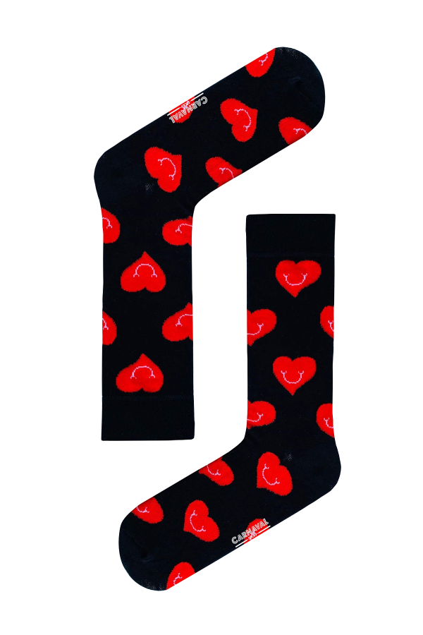 Black socks with smiling hearts, fun and playful love-themed socks.