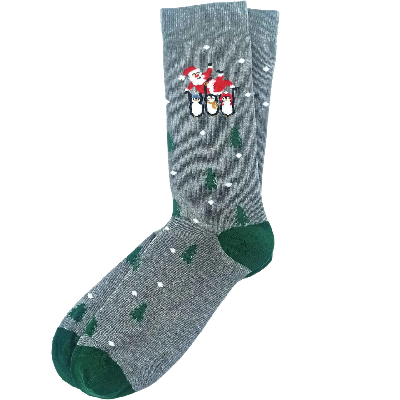 Men’s socks featuring penguins carrying Santa in a festive holiday-themed design