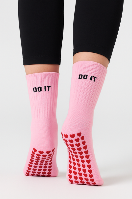 Anti-Slip Pilates & Yoga Crew Socks with Red Heart Silicone Grip – Pink (Unisex)