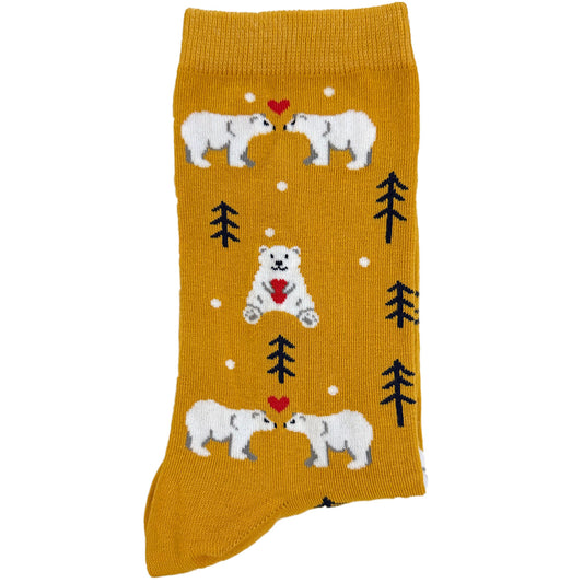 Yellow socks featuring polar bears and love hearts in a playful and cozy design.