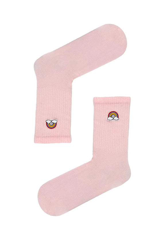 Pink athletic socks with a rainbow icon, vibrant and breathable sport socks.
