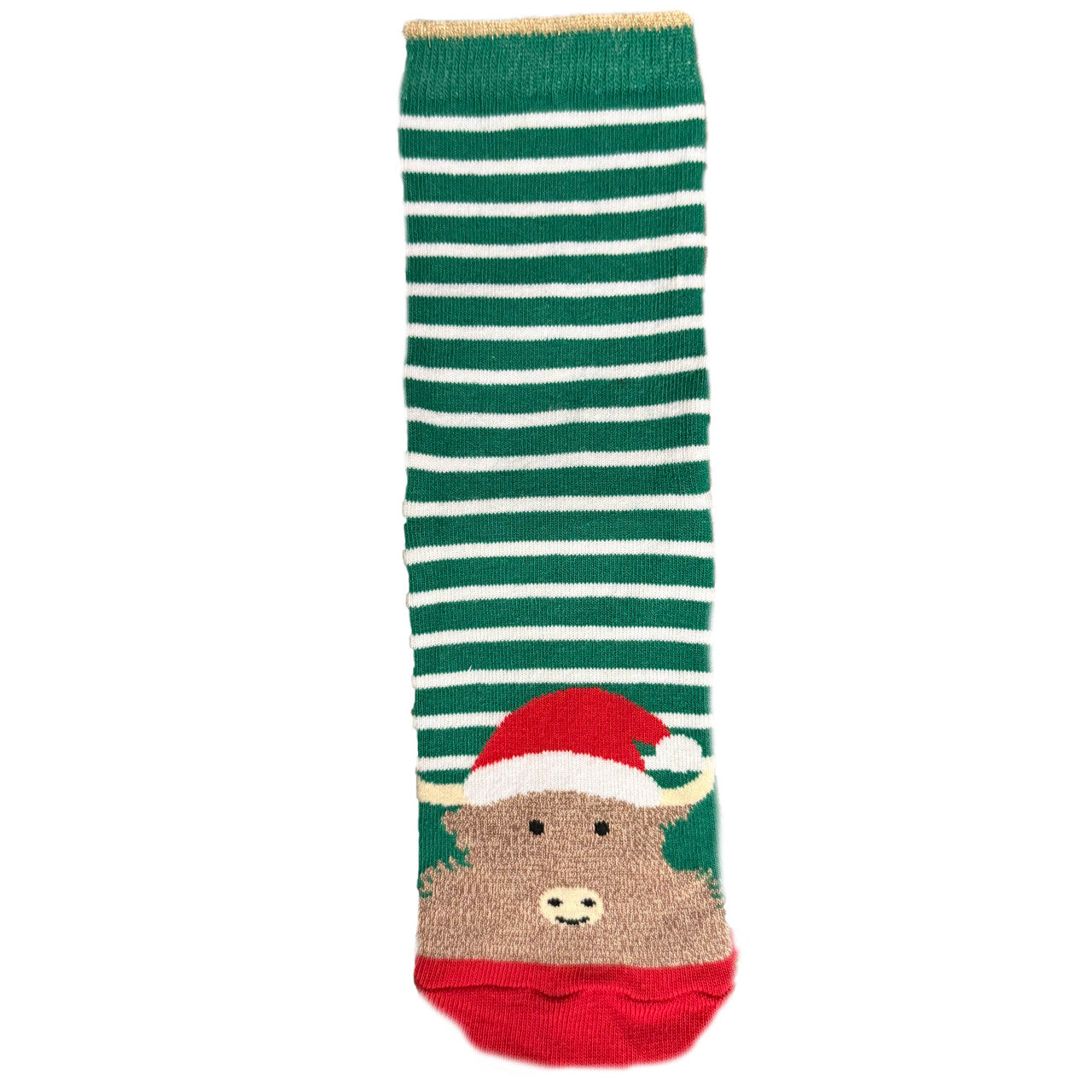 Women’s socks with green and white stripes featuring a reindeer wearing a Santa hat, festive and playful holiday design