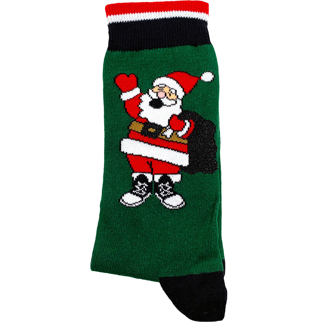 Green socks featuring a large Santa Claus design in a festive holiday theme.