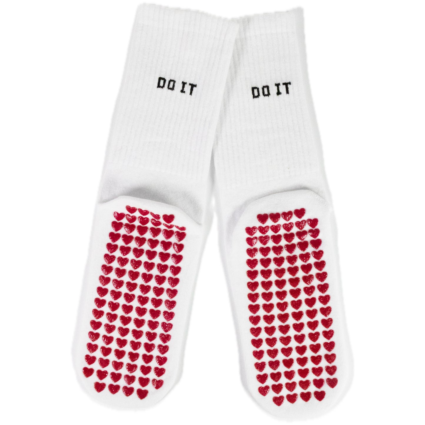 Anti-Slip Pilates & Yoga Crew Socks with Red Heart Silicone Grip – White (Unisex)
