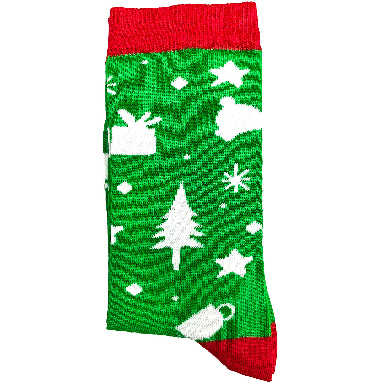 Green Christmas socks with a red band, featuring white Christmas trees and gift designs in a festive holiday theme.