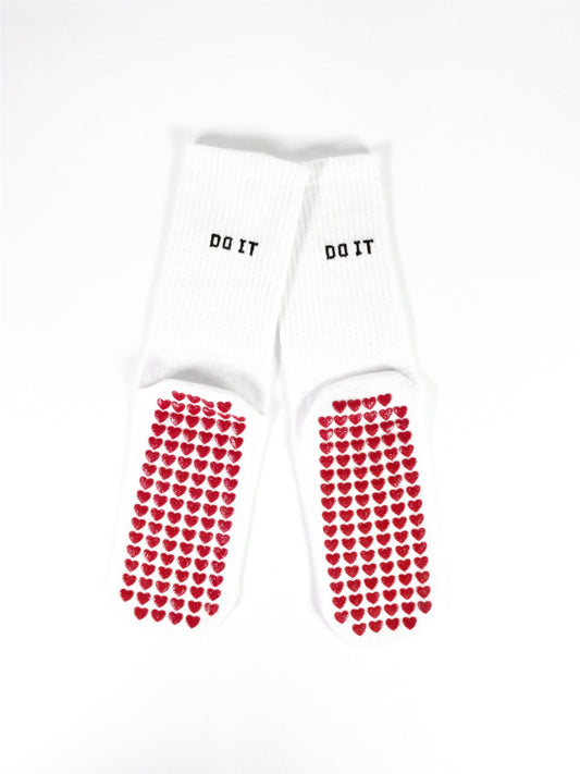 Anti-Slip Pilates & Yoga Crew Socks with Red Heart Silicone Grip – White (Unisex)